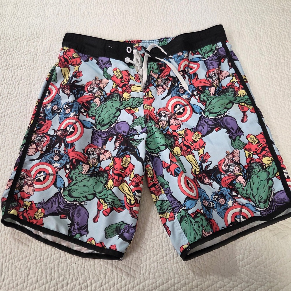Marvel Avengers Comic‎ Print Swim Trunks Mens Medium Bioworld Board Shorts Blue